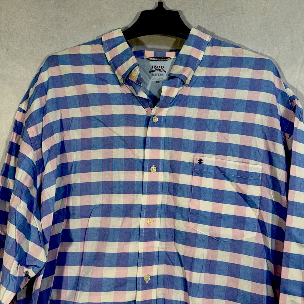 izod saltwater Long Sleeve Button Up Shirt Pink Blue Check Plaid 2XL Cotton